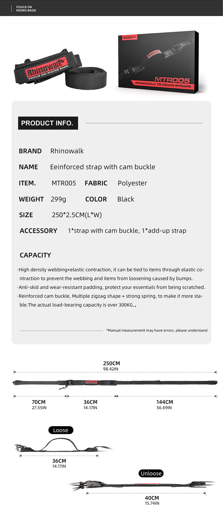 Motorcycle Luggage Strap 2.5M Buckle Tie-Down Belt Cargo Straps for Motor Car Bike Reinforced Strap With Cam Buckle (MTR005)