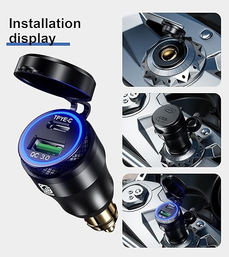 Kewig Aluminum DIN Hella Plug to Dual QC3.0 USB & Type-C Quick Charger Waterproof Adapter for 12V-24V BMW Ducati Triumph Motorcycle Hella DIN Socket (Black with Blue Light) (KWG-B8)