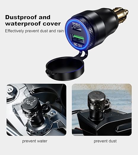 Kewig Aluminum DIN Hella Plug to Dual QC3.0 USB & Type-C Quick Charger Waterproof Adapter for 12V-24V BMW Ducati Triumph Motorcycle Hella DIN Socket (Black with Blue Light) (KWG-B8)