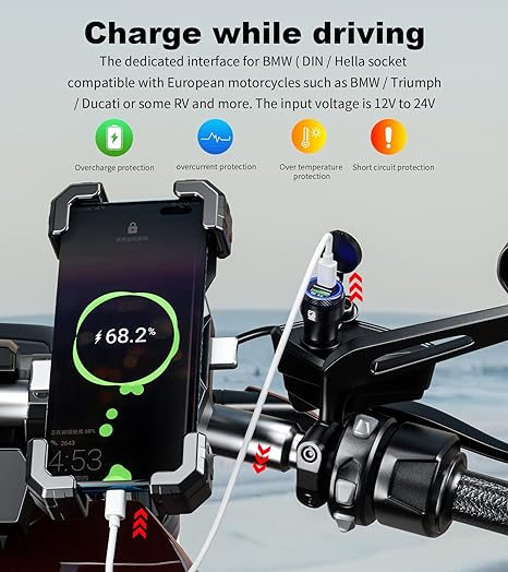 Kewig Aluminum DIN Hella Plug to Dual QC3.0 USB & Type-C Quick Charger Waterproof Adapter for 12V-24V BMW Ducati Triumph Motorcycle Hella DIN Socket (Black with Blue Light) (KWG-B8)