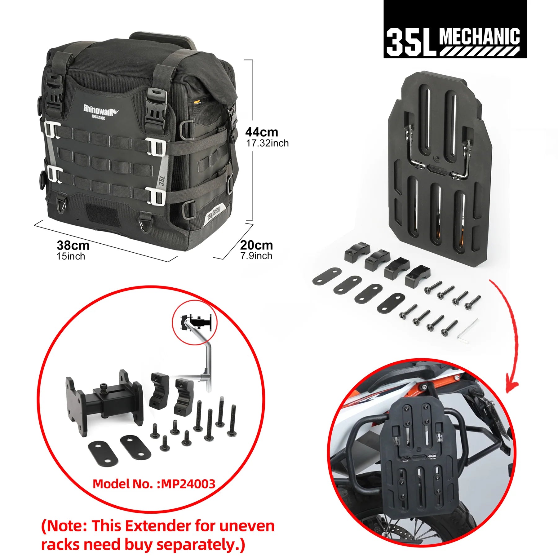 Rhinowalk 35L Motorcycle Quick Release Side Pannier Bag, Motorbike Seat Saddle Tail Bag for ADV Motorcycle Luggages Accessories (MJX2004) Mechanics Series SET OF TWO BAGS WITH ALL THE MOUNTING ACCESSORIES