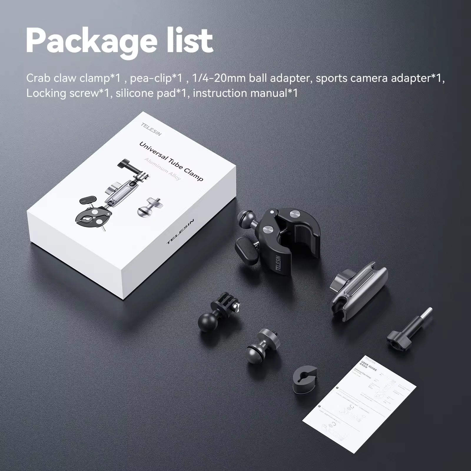 Telesin action camera accessories Clamp Mount with Ball Head Mount with 1/4 Thread for DJI Action 4&3 (GP-HBM-001)