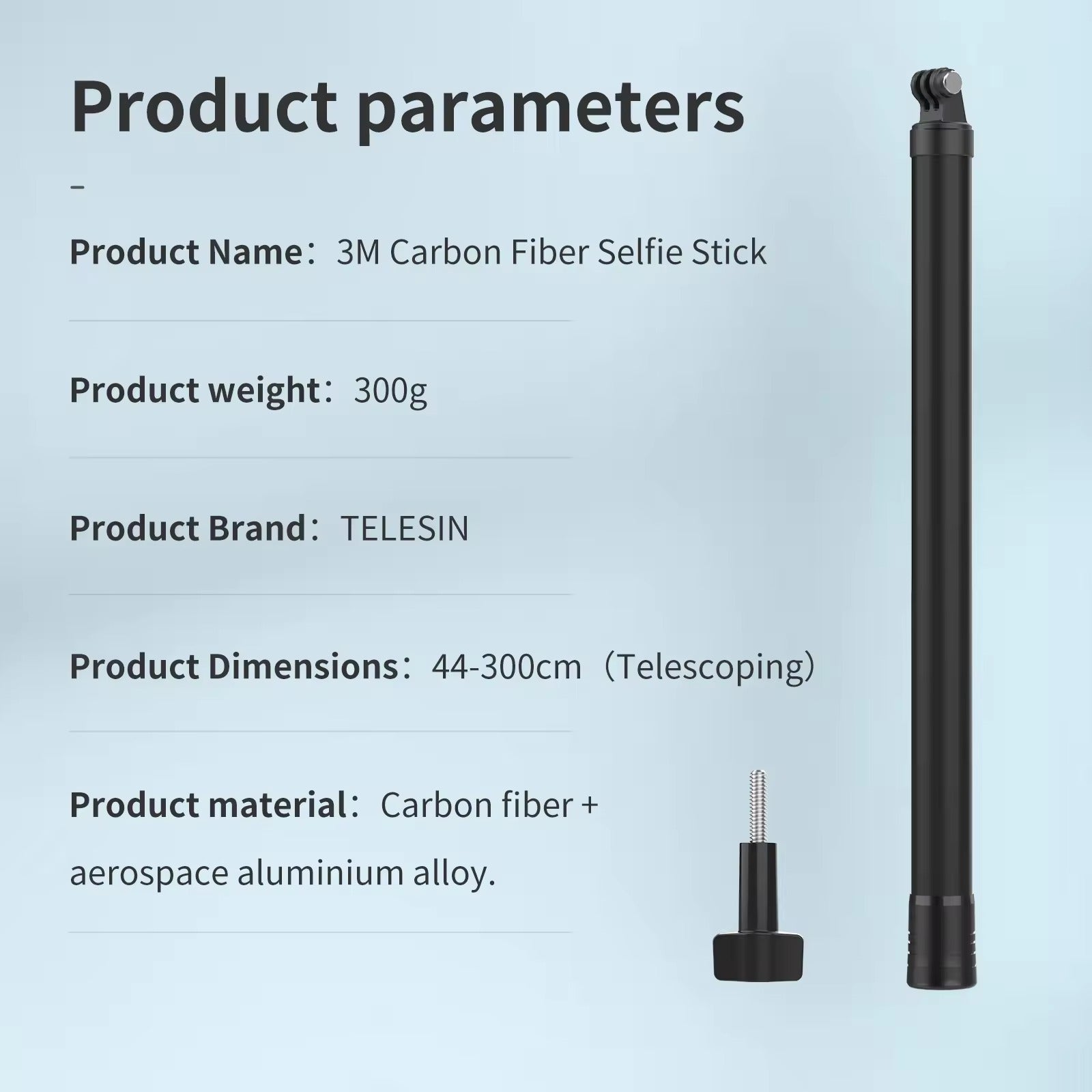 Telesin 3.0M/118.11" long Carbon Fiber Light weight Compact for Carry Monopod Selfie Stick for Insta360 X3&2 / Go Pros camera (IS-MNP-300)