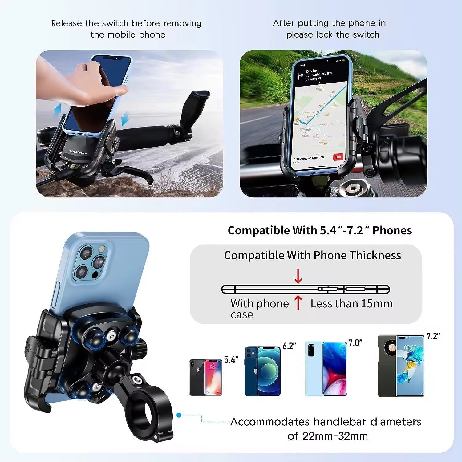 Kewig Anti-vibration Damper Motorcycle Phone Holder Suitable phone size:3.5-7.0 inch cell phone  Fit the bar diameter:22mm-32mm (Without Charger) (M8SP-J)