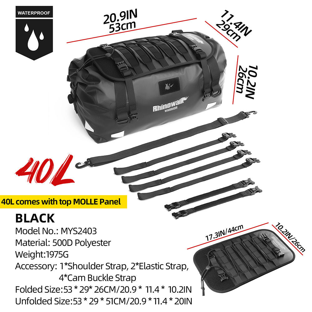 Rhinowalk Waterproof Motorcycle Roll-Top Duffel Gear Bag 40L Heavy Duty Dry Pack Tail Rear Luggage Magnetic Opening