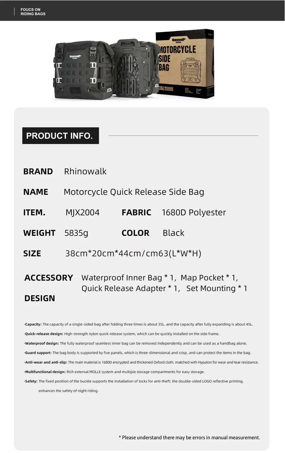 Rhinowalk 35L Motorcycle Quick Release Side Pannier Bag, Motorbike Seat Saddle Tail Bag for ADV Motorcycle Luggages Accessories (MJX2004) Mechanics Series SET OF TWO BAGS WITH ALL THE MOUNTING ACCESSORIES