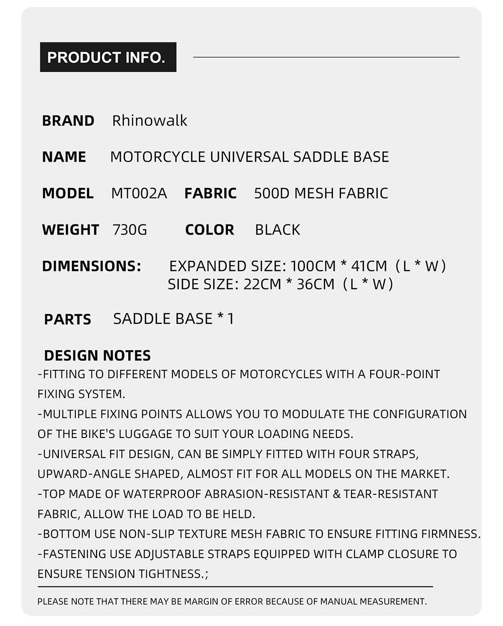 Rhinowalk Motorcycle Saddle Bag Mounting Base Motorbike Tail Seat Bag OS Base for ADV, Dirt Bikes Motorcycle Accessories (MT002A)