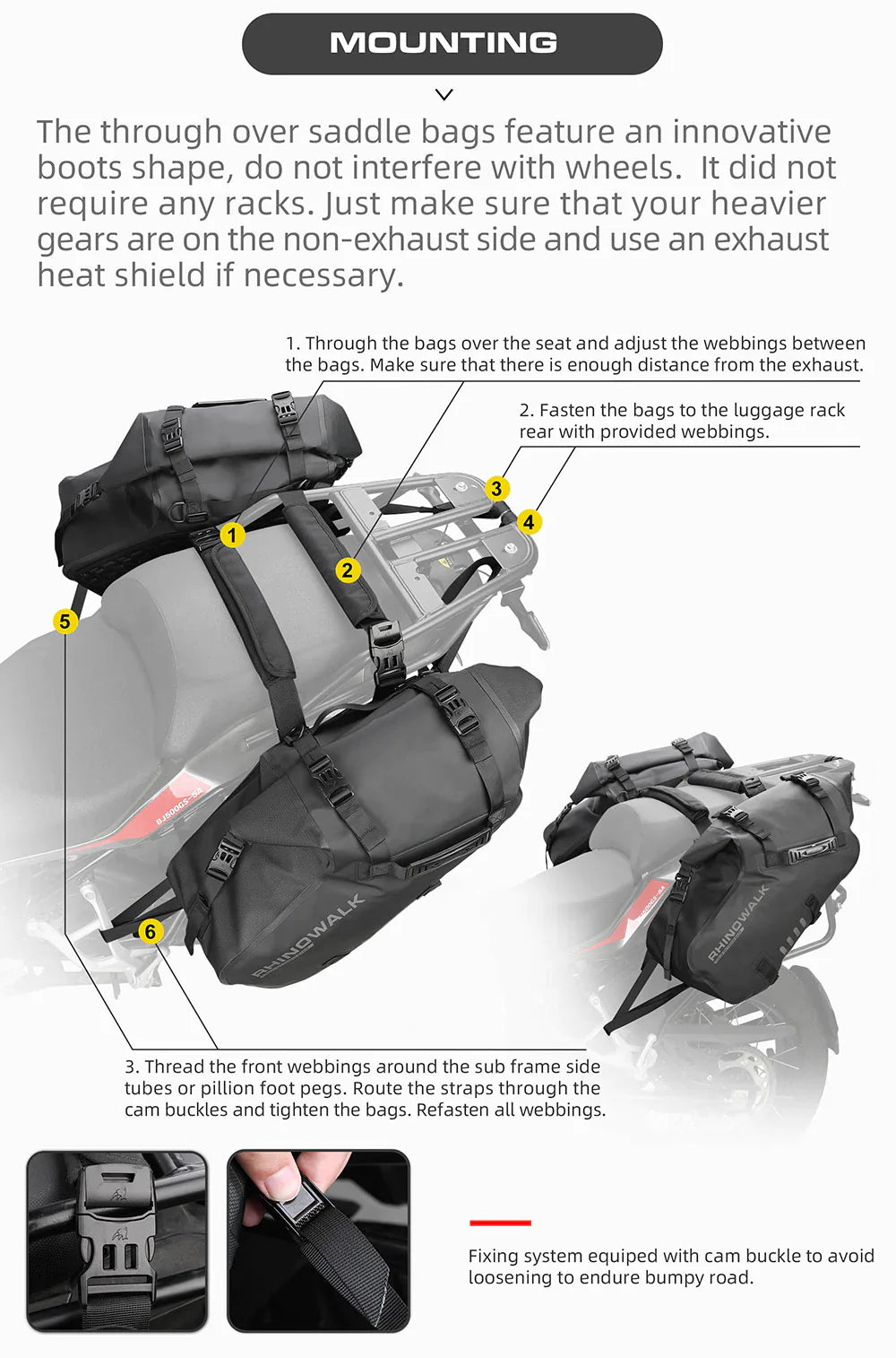 Rhinowalk Motorcycle Waterproof Saddle Bag 48L Bike Tail Seat Luggage for Off/On Road ADV Long Distance Touring (Pair-Set) (MT1448)