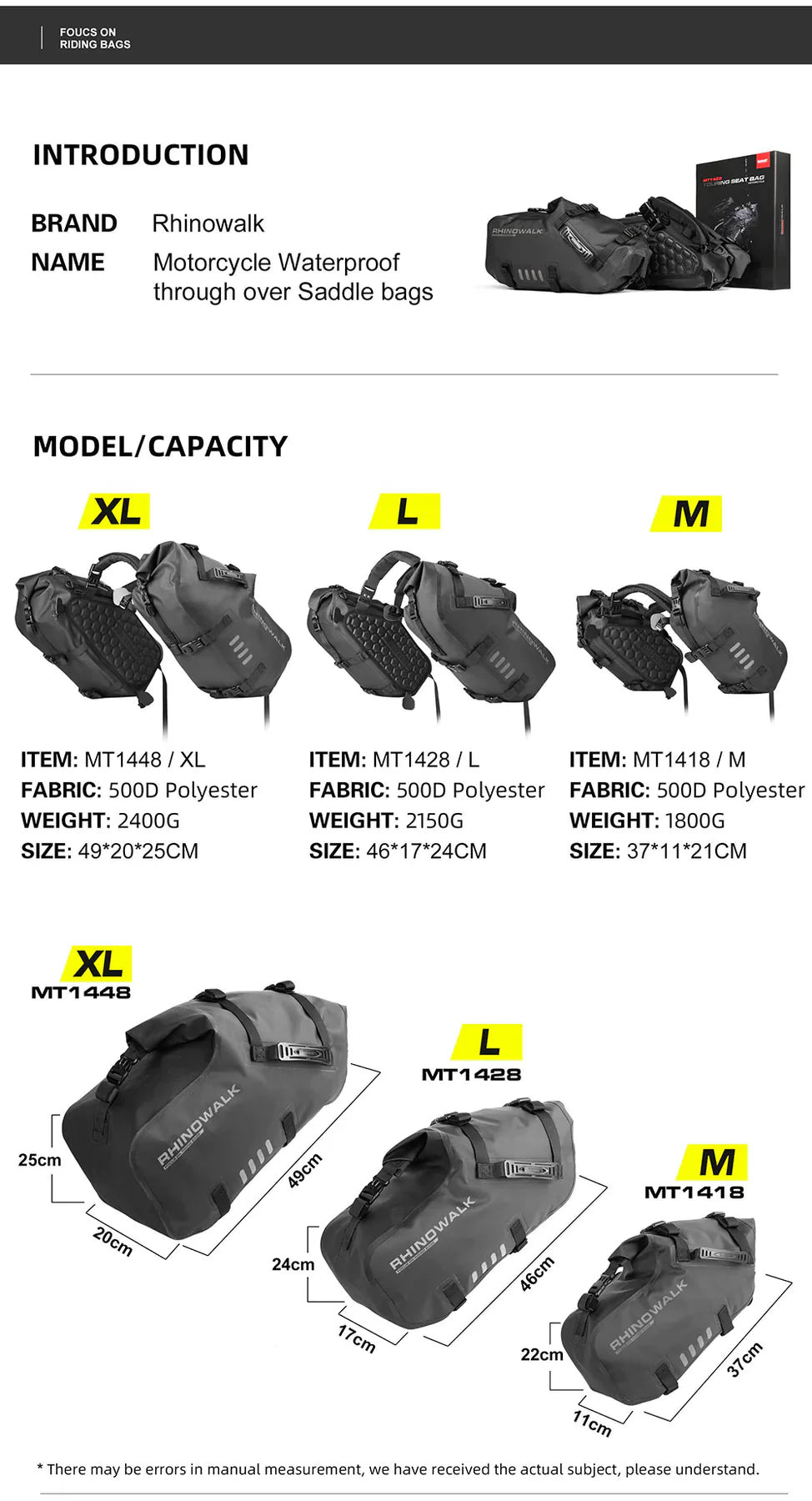 Rhinowalk Motorcycle Waterproof Saddle Bag 48L Bike Tail Seat Luggage for Off/On Road ADV Long Distance Touring (Pair-Set) (MT1448)