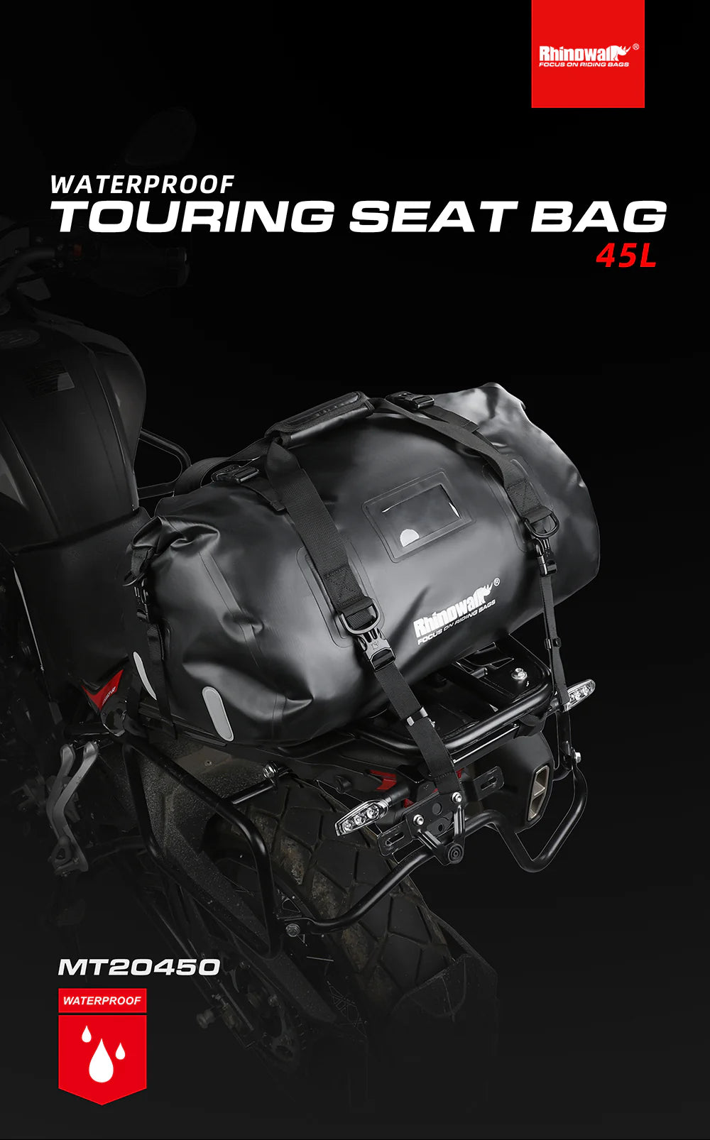 Rhinowalk 45L Waterproof Motorcycle Duffle Bag Heavy Duty Motorcycle Dry Tail Tool Bag for Adventure Bike (MT20450)