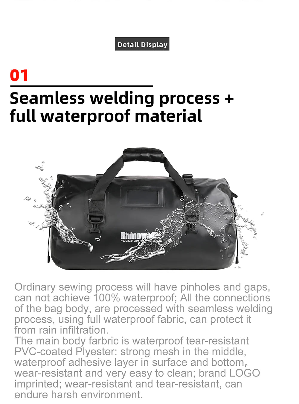 Rhinowalk 45L Waterproof Motorcycle Duffle Bag Heavy Duty Motorcycle Dry Tail Tool Bag for Adventure Bike (MT20450)