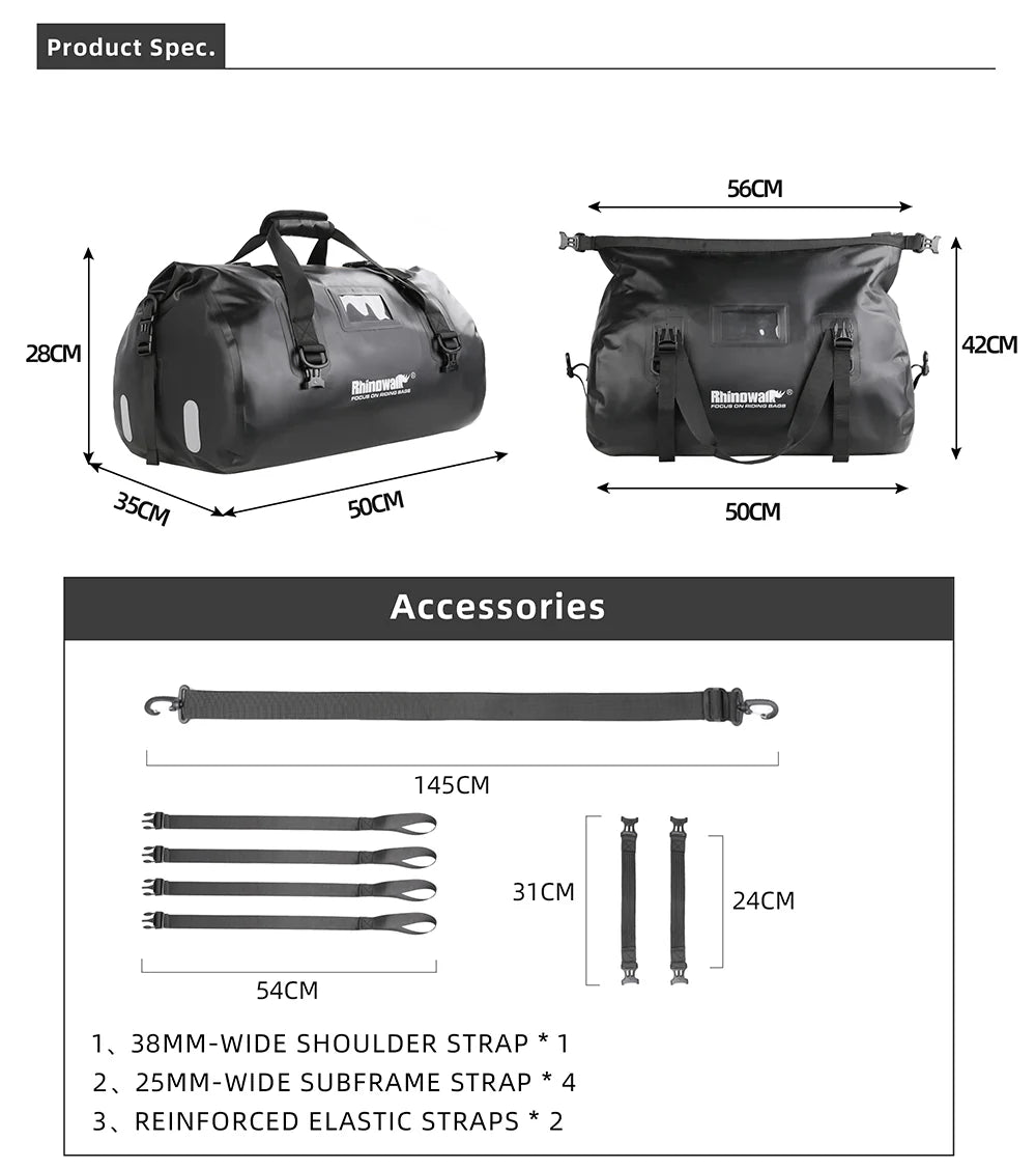 Rhinowalk 45L Waterproof Motorcycle Duffle Bag Heavy Duty Motorcycle Dry Tail Tool Bag for Adventure Bike (MT20450)