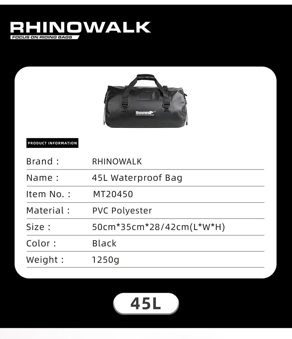Rhinowalk 45L Waterproof Motorcycle Duffle Bag Heavy Duty Motorcycle Dry Tail Tool Bag for Adventure Bike (MT20450)