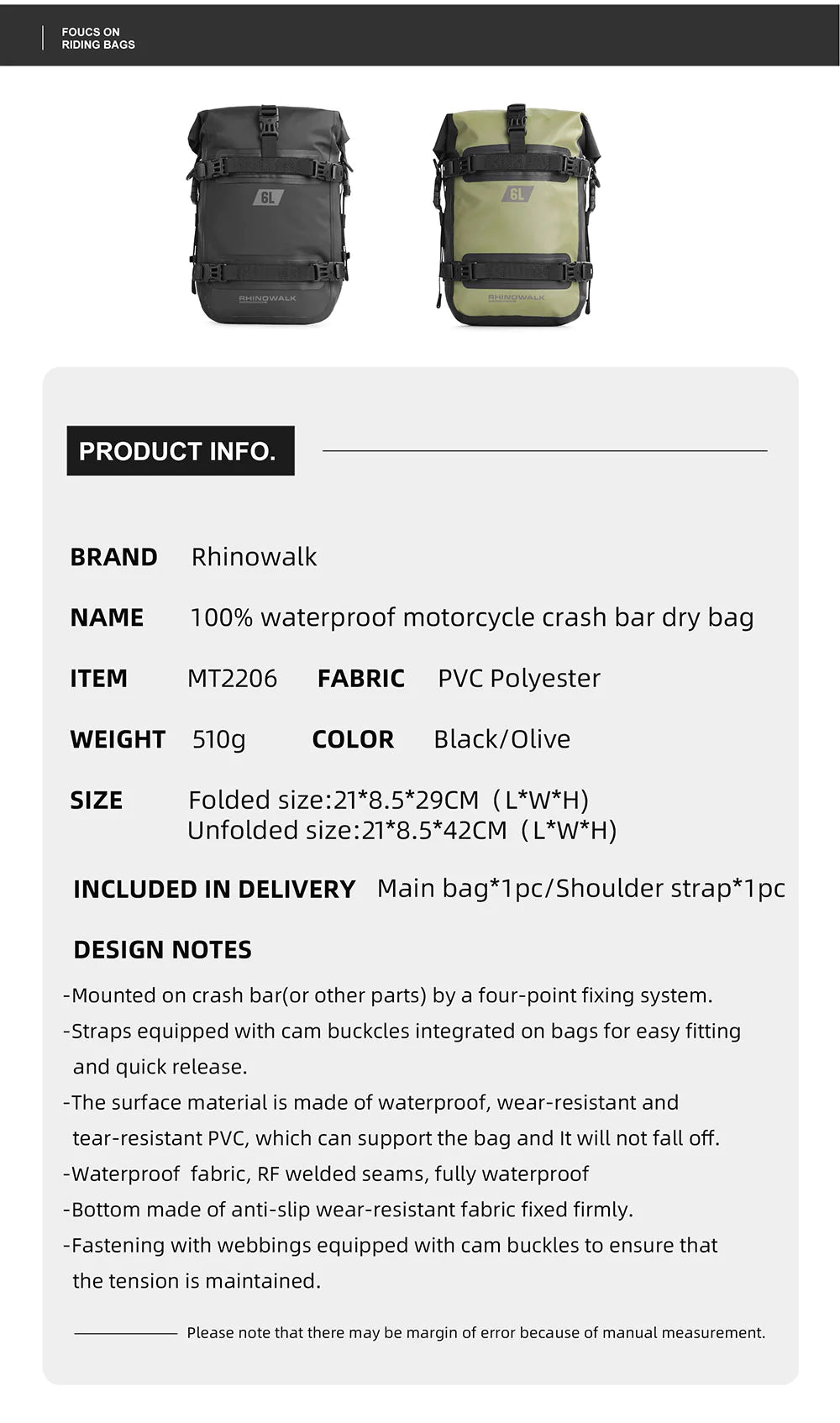 Rhinowalk Crash Bar Dry Bags Waterproof Motorcycle Bag for Crash Bar Motorbike Bumper Bag for Tail Side Seat Motorcycle Pack (Black) (MT2206)