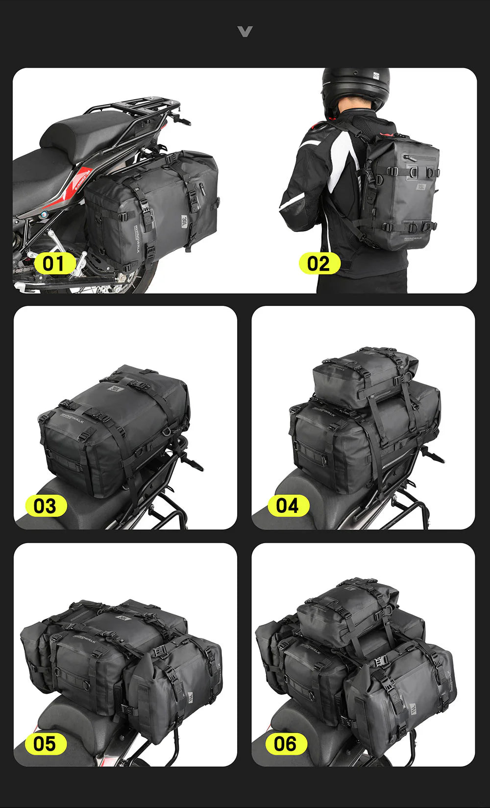 Rhinowalk Motorcycle Backpack 8L Waterproof Motorbike Seat Tail Bag for Adventure Welded Seamless Side Saddle Motopack (MT2208)