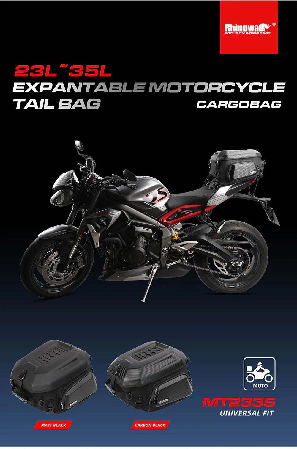 Rhinowalk Hard Shell Tail Bag for Expandable 23L-35L Motorcycle Saddle Tail Seat Bags for Motorbike Luggage Accessory (MT2335)