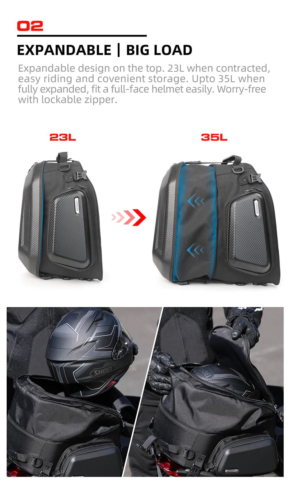 Rhinowalk Hard Shell Tail Bag for Expandable 23L-35L Motorcycle Saddle Tail Seat Bags for Motorbike Luggage Accessory (MT2335)