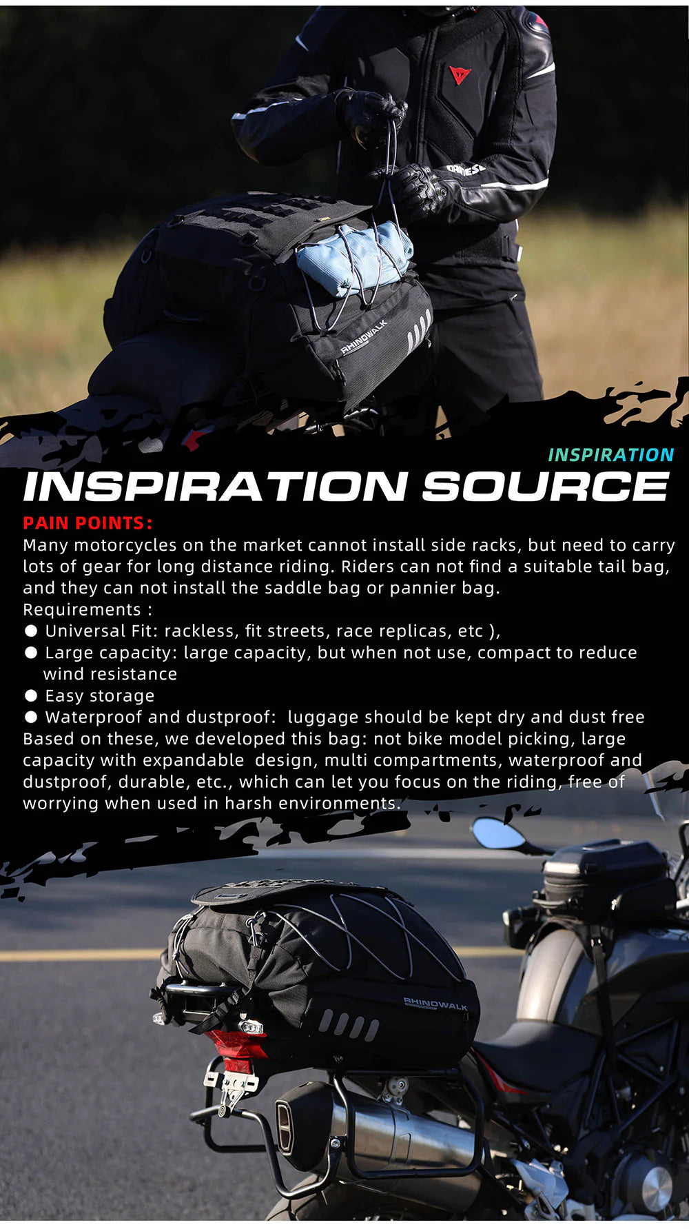 Rhinowalk 35-50L Rhinowalk Black Expandable Waterproof Motorcycle Rear Seat Tail Bag for Luggage Case Rack (MT3550)