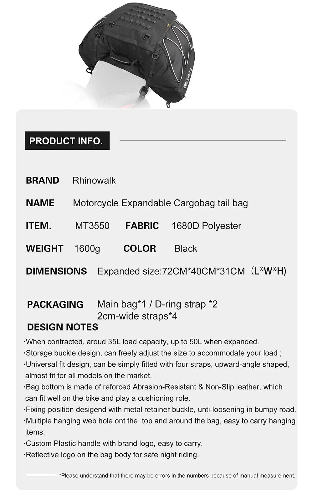 Rhinowalk 35-50L Rhinowalk Black Expandable Waterproof Motorcycle Rear Seat Tail Bag for Luggage Case Rack (MT3550)