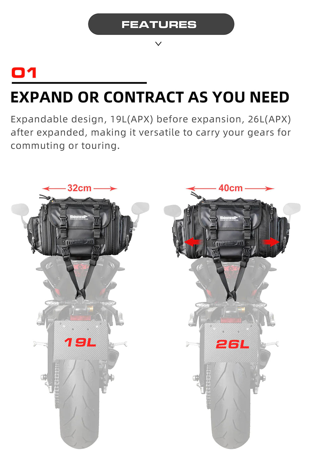 Rhinowalk 19-26L Deluxe Cruiser Tail Bag Motorcycle Tail Trunk Luggage Motorbike Large Capacity Touring Pack for Adventure (MT4026)