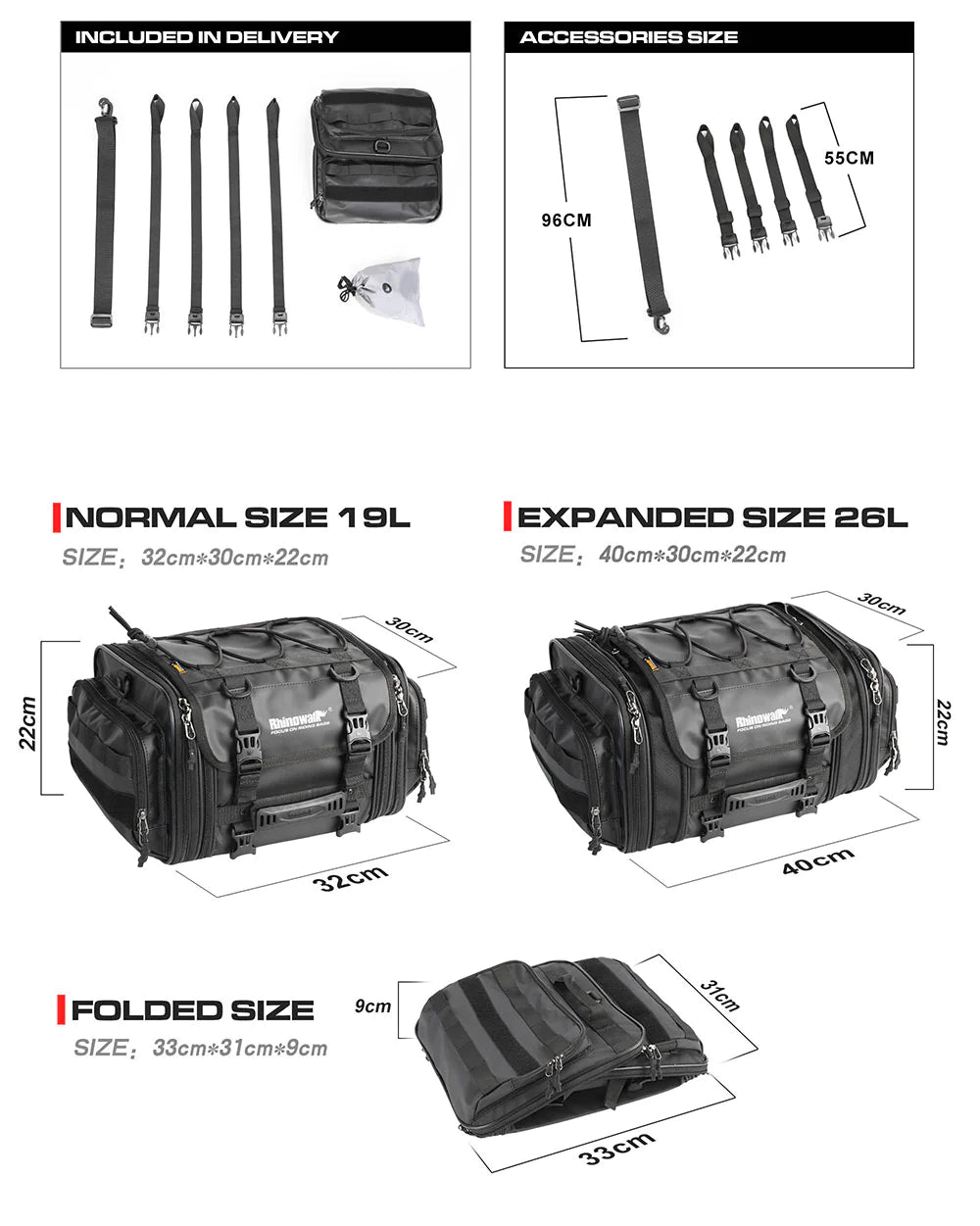 Rhinowalk 19-26L Deluxe Cruiser Tail Bag Motorcycle Tail Trunk Luggage Motorbike Large Capacity Touring Pack for Adventure (MT4026)