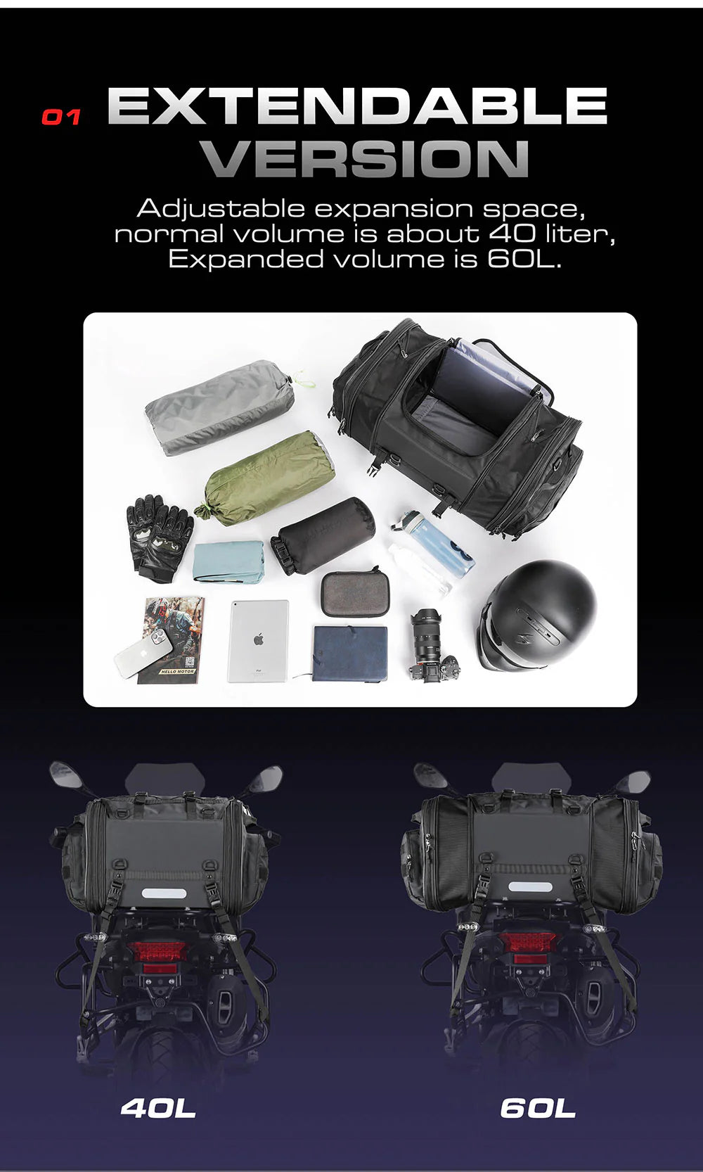 Rhinowalk Motorcycle Tail Bag Motorbike Rear Seat Bag 40-60 liter Large Capacity Motopack Bag (MT4060)