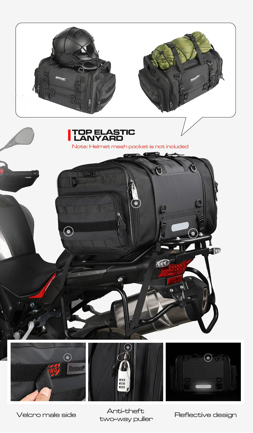 Rhinowalk Motorcycle Tail Bag Motorbike Rear Seat Bag 40-60 liter Large Capacity Motopack Bag (MT4060)