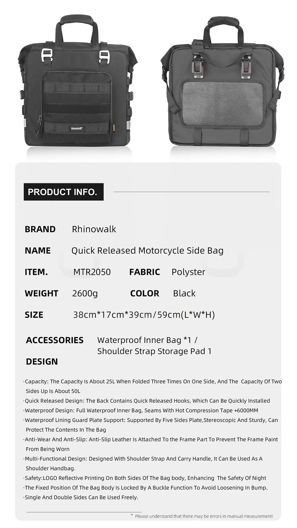 Rhinowalk 25L Motorcycle Side Bag, Motorbike Seat Saddle Tail Bag for ADV Motorcycle Rear Rack Travel Luggages (Single Unit) (MTR2050)