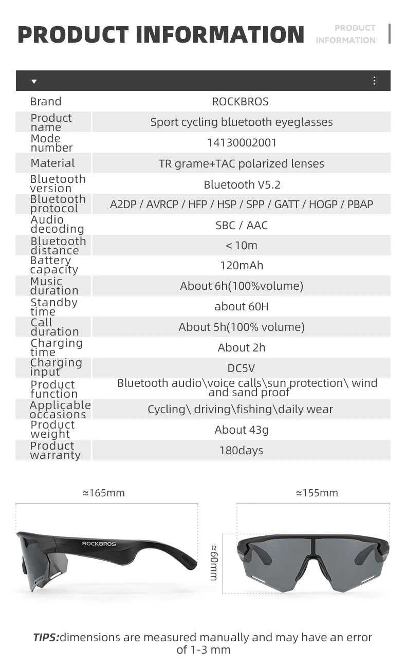 ROCKBROS Bluetooth Polarized Sunglasses Music Speaker Glasses Outdoor Sport (14130002001)